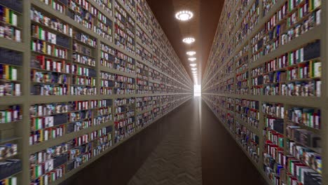 pasillo largo de la biblioteca con estanterías y miles de libros, piso de madera y candelabros en el techo animación 3d