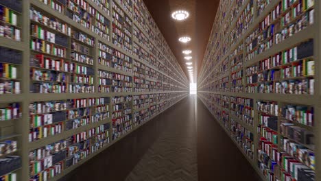 long library corridor with bookcases and thousands of books, wood floor, and chandeliers on the ceiling 3d animation