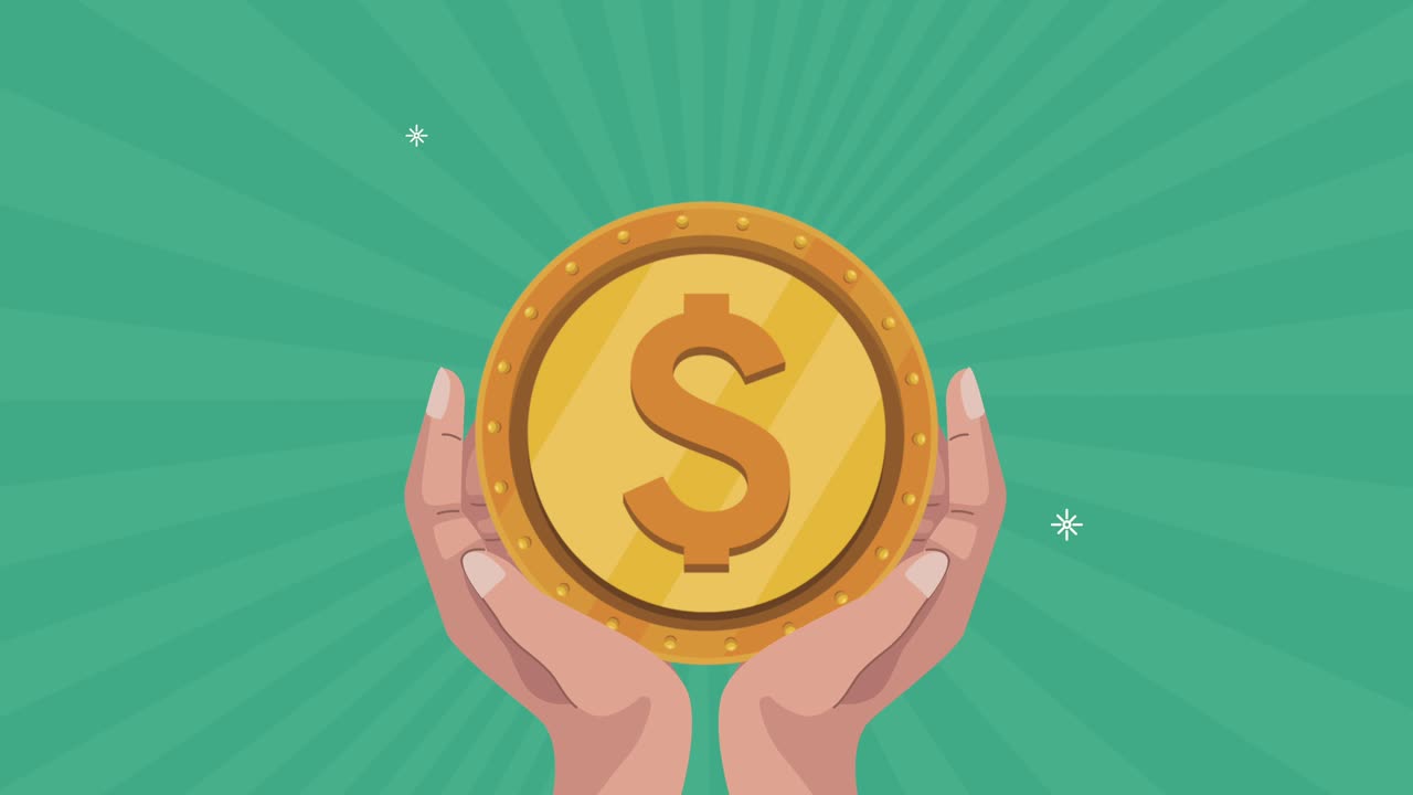 animación de dólares levantando monedas con la mano