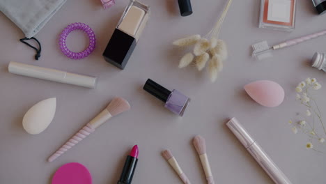 makeup and beauty products flat lay