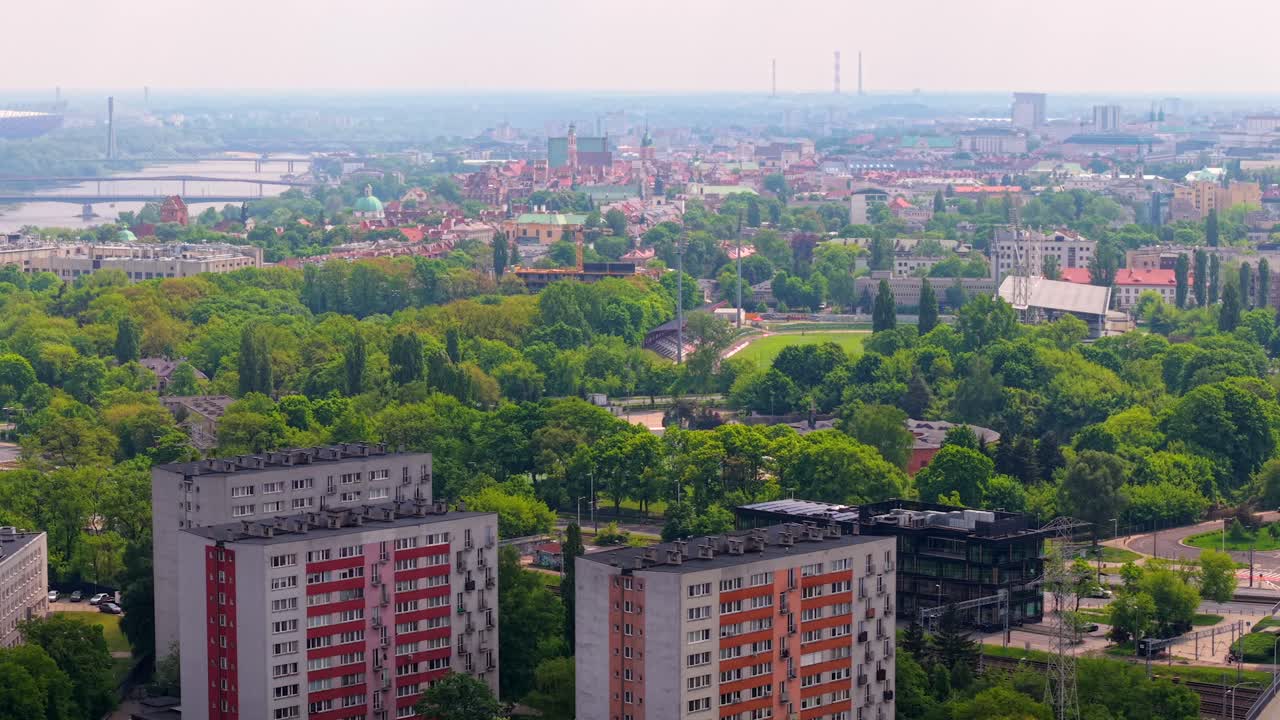 Aerial orbit view, urban river water, professional sporting stadium