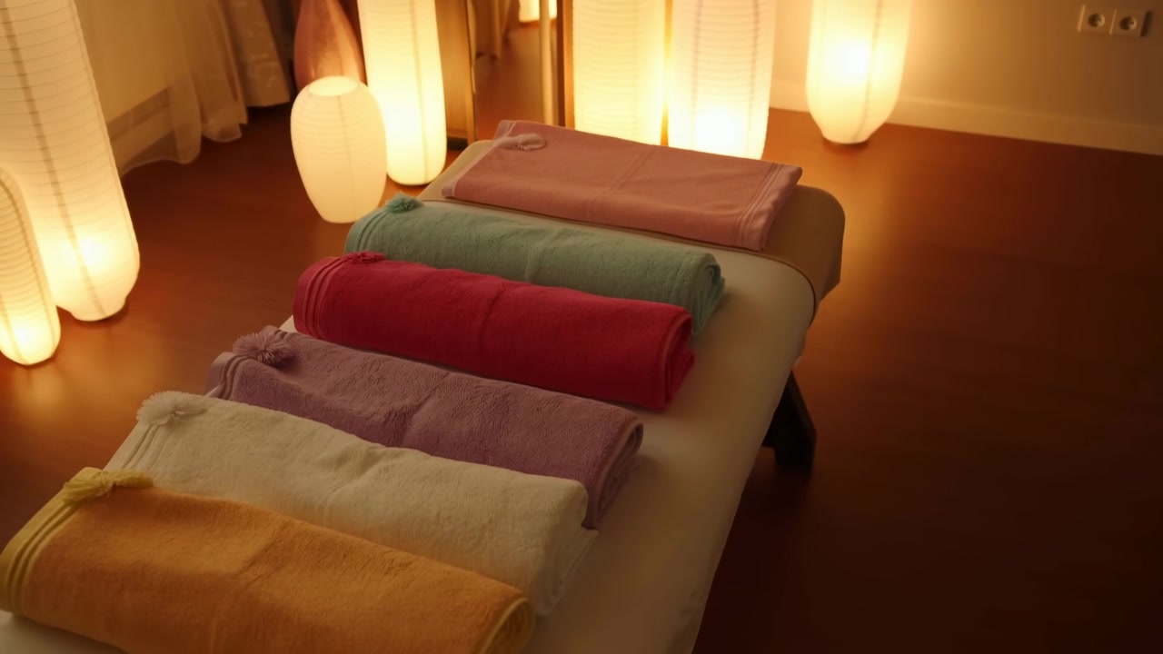 Gemütliches Wellness-Interieur mit einem Massagetisch, der mit ordentlich gefalteten Handtüchern bedeckt ist, leuchtenden Papierlaternenlampen, weichen Vorhängen, Holzboden und einer dekorativen Vase, die eine ruhige, entspannende Atmosphäre schafft.