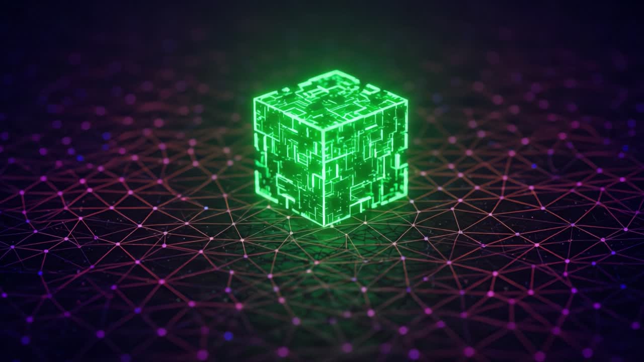 Futuristic Glowing Green Digital Cube in a Network