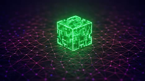 futuristic glowing green digital cube in a network