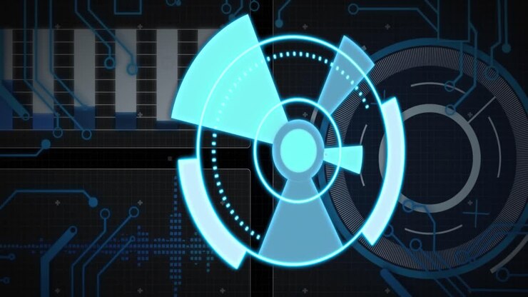 Animation of data processing with scope scanning on black background
