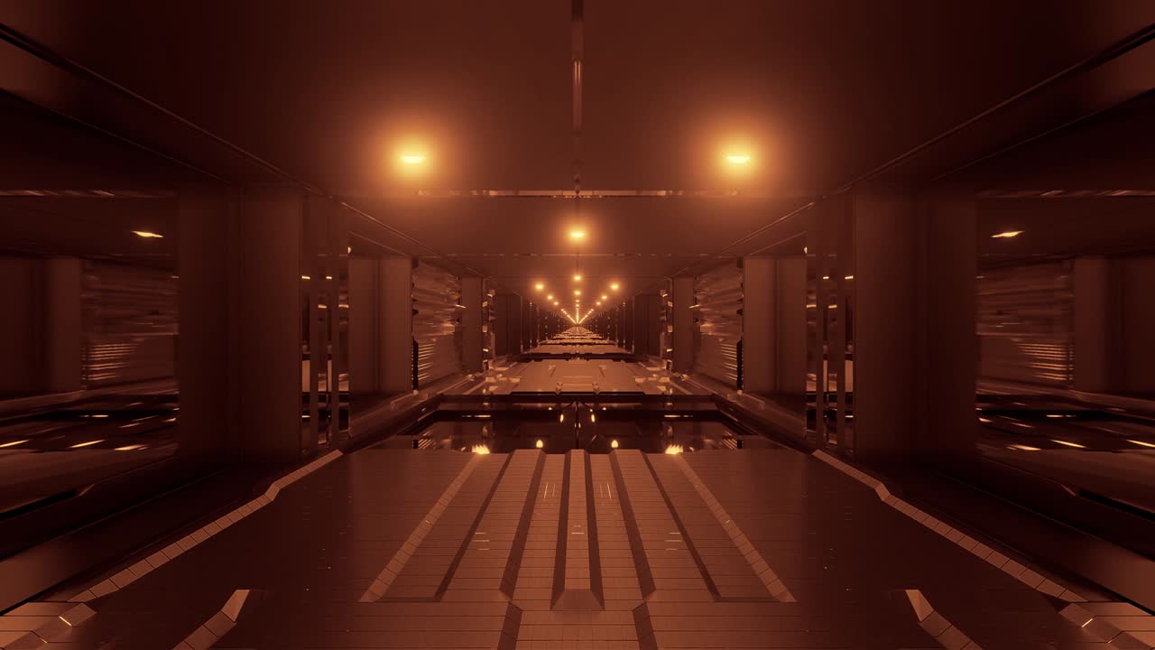 빛나는 불빛과 유리 창문과 바닥을 가진 미래 과학 우주 터널 복도