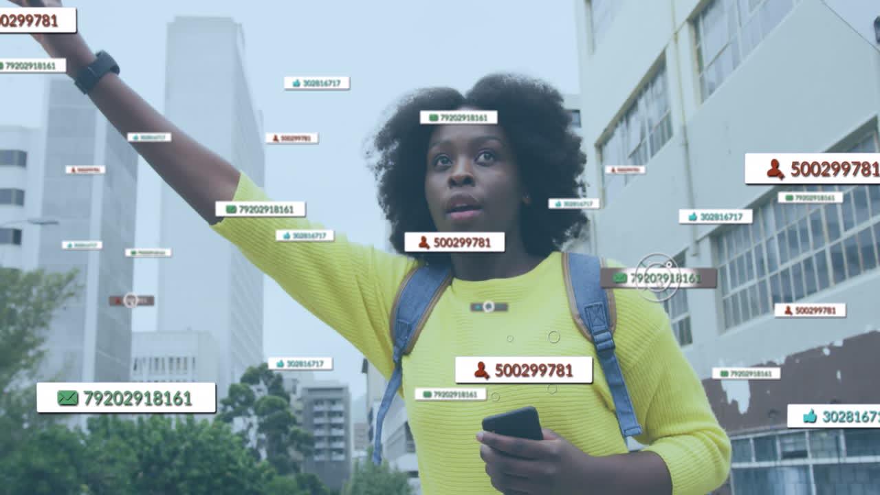 Animation of social network notifications over african american woman using smartphone hailing taxi