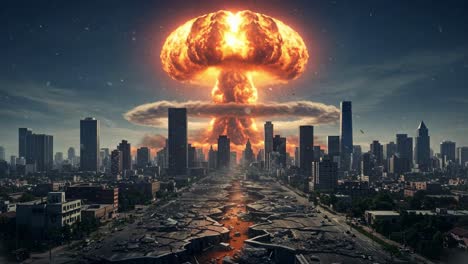 massive nuclear explosion devastates city skyline and its surroundings in a futuristic urban setting