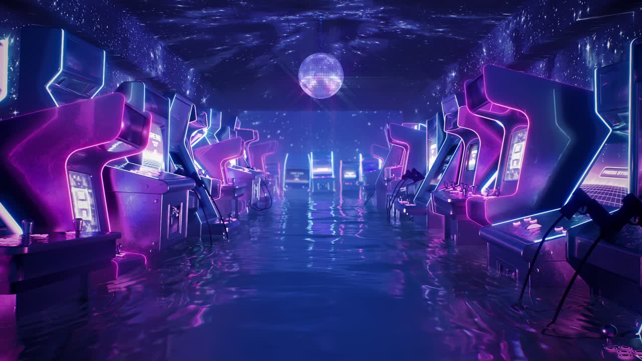 레트로 웨이브 스타일의 네온 아케이드 복도 루프