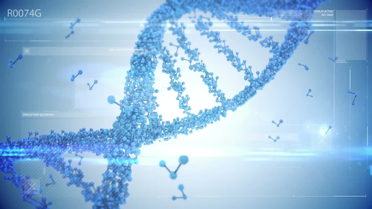 Animazione dell'elaborazione dati su filamento di DNA e molecole su sfondo blu.