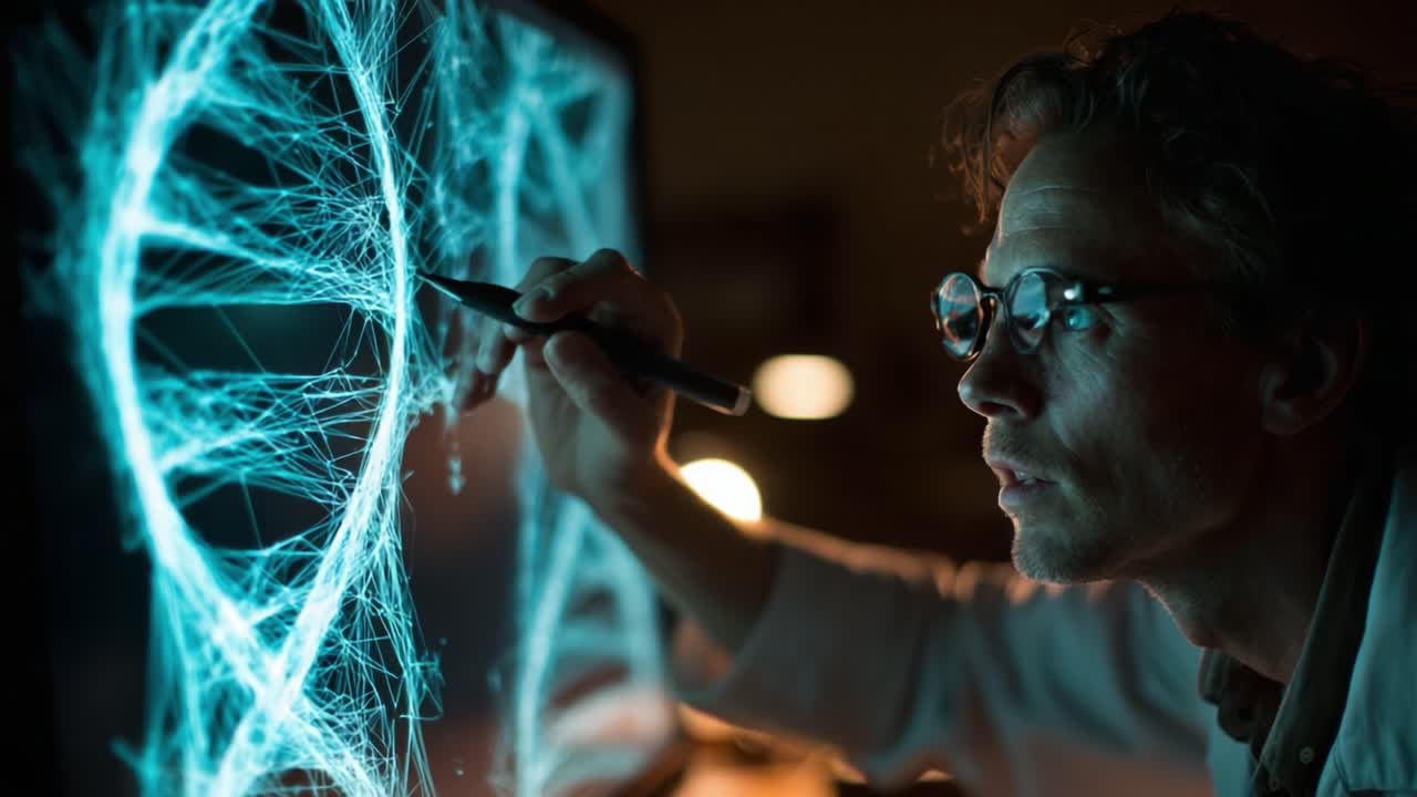 Intense Focus on Genetic Research: An Individual Analyzes Complex DNA Structures on a Screen Using a Stylus in a Dimly Lit Laboratory Environment