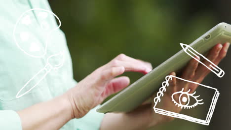 Using tablet, person drawing with art tools animation over green background
