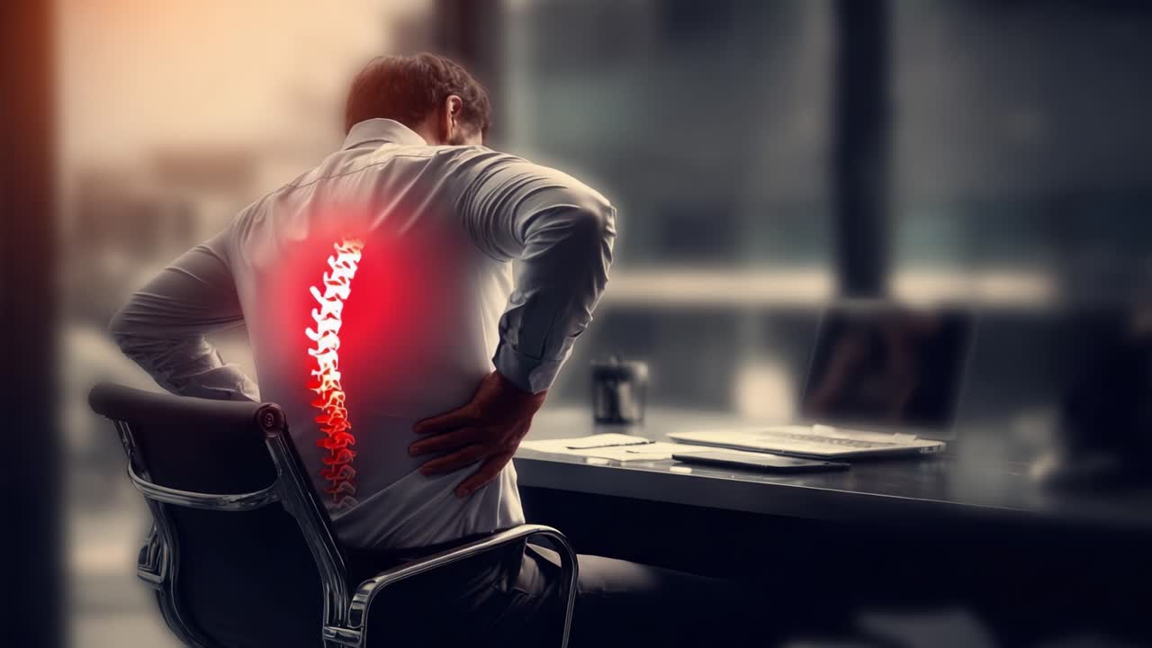 Illustration of Back Pain Experience: A Man Holding His Lower Back Showcasing Visible Spinal Discomfort in an Office Environment