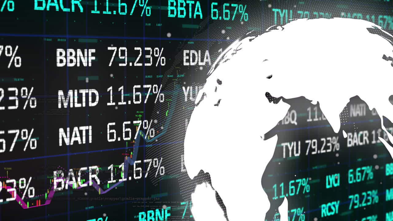 Animation of financial data processing and globe on black background
