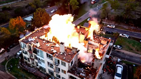 apartment building fire with aerial explosion