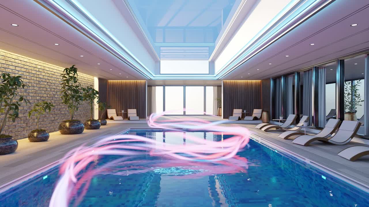 Indoor swimming pool with lounge chairs and pink light trails. Luxury and modern design concept. Design for banner, poster, wallpaper.