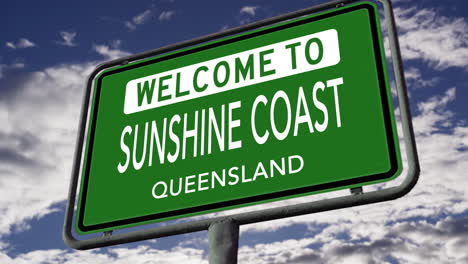 bienvenido a la costa del sol, queensland, australia, señal de carretera de la ciudad, animación 3d realista