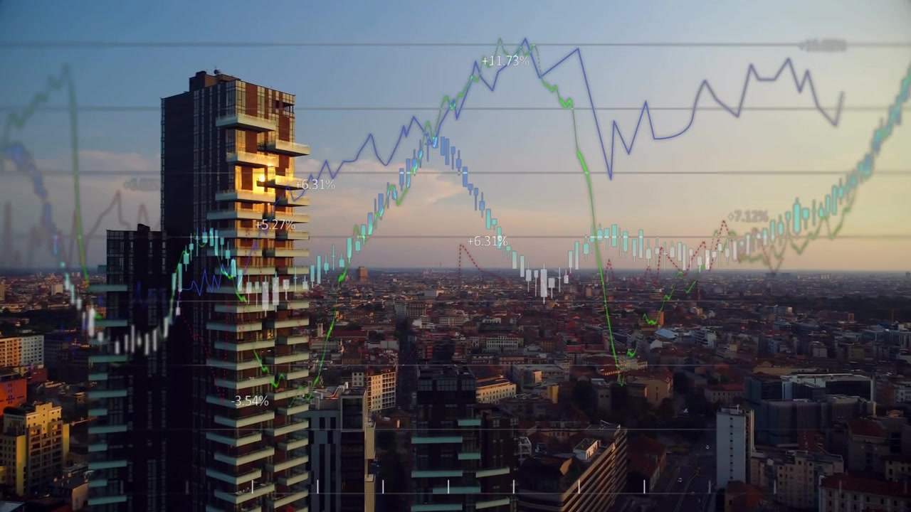 Cámara paneando revelando datos de mercado, torre moviéndose mientras los gráficos suben bruscamente y luego se estabilizan mostrando una tendencia.