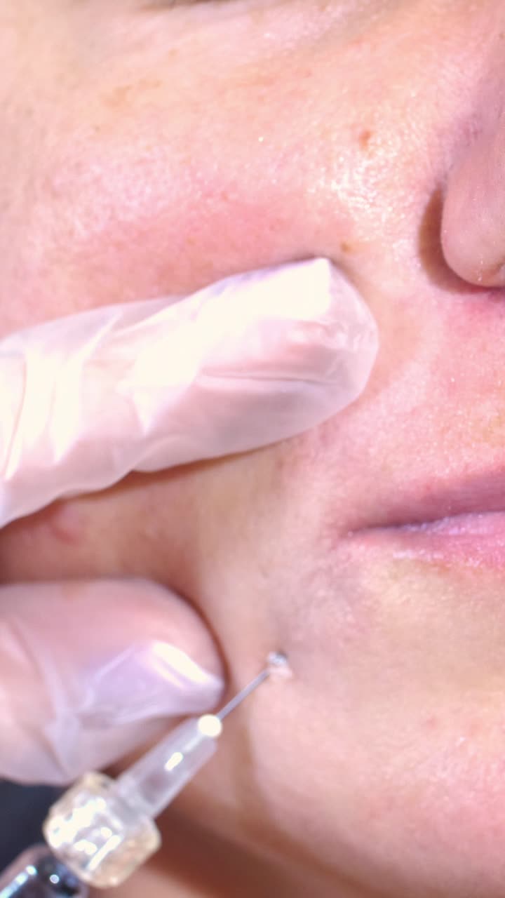 Close-up of skincare treatment being applied on a woman's face, showcasing the application process with a focus on skin texture and beauty care techniques
