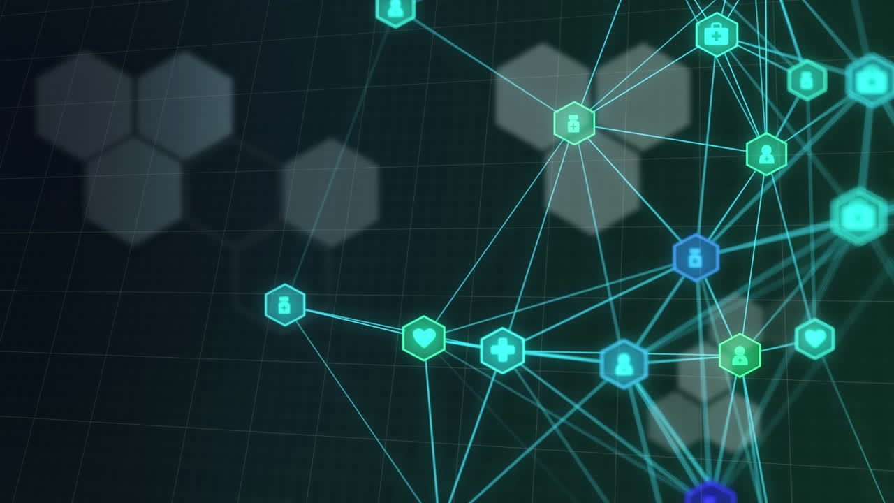 video compuesto digital de iconos digitales contra el peine de miel estructura digital en el fondo