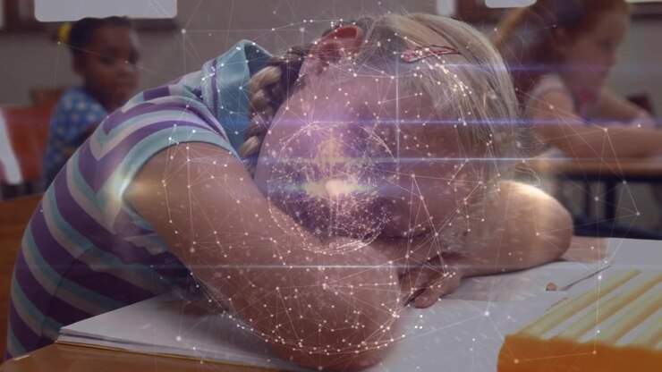 Animation of glowing network over students and teacher over children using tablets