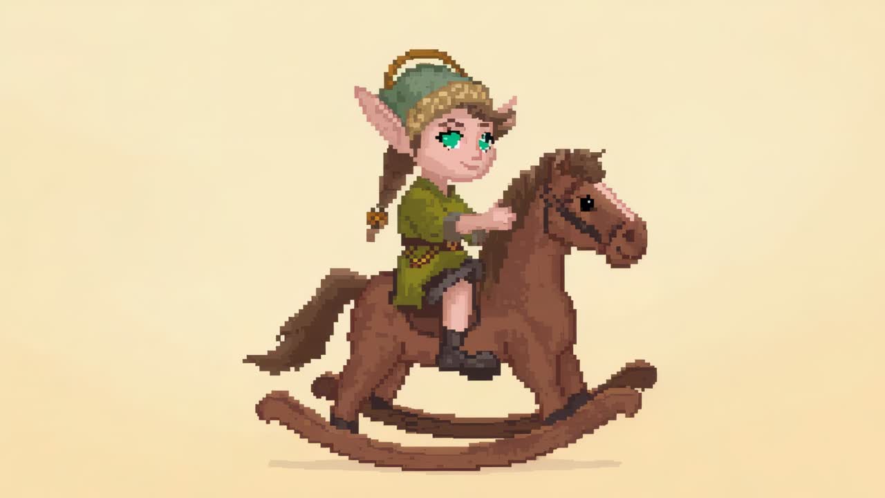 Bambino elfo che si dondola spostando il peso per giocare sul cavallo a dondolo su un set beige, tunica, cappello, stivali, ombra