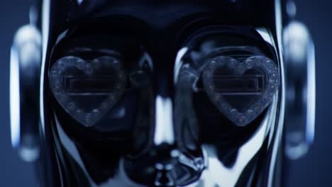 emotion in technology: a captivating cybernetic display of love represented by heart-shaped lights in the eyes of a reflective robotic face