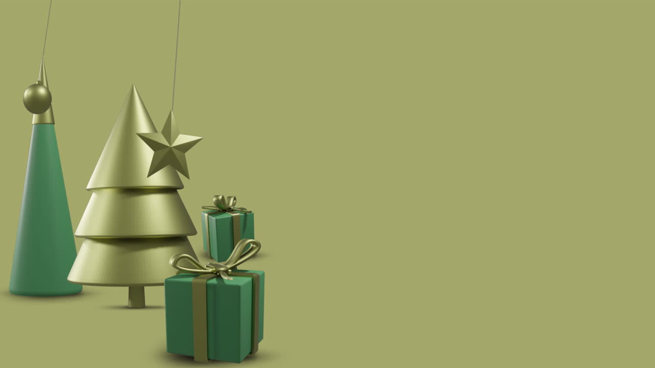 animación de bolos y decoraciones navideñas en fondo amarillo con espacio de copia.