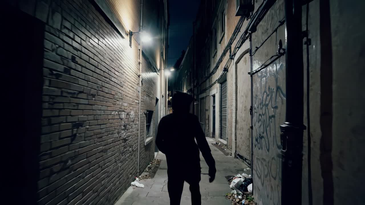 En video fångar en person i huvtröja som går nerför en svagt upplyst gränd på natten, filmad bakifrån