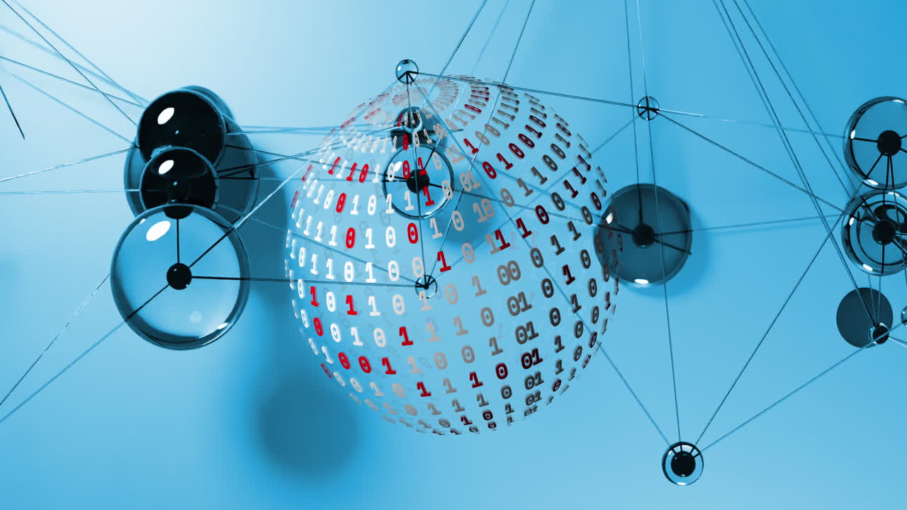 animación de globo de codificación binaria y puntos de conexión contra un fondo de gradiente azul.