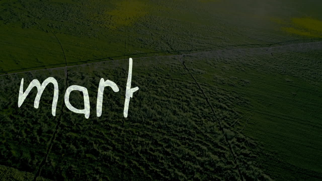 Animation of words develop and marketing over aerial view of green landscape