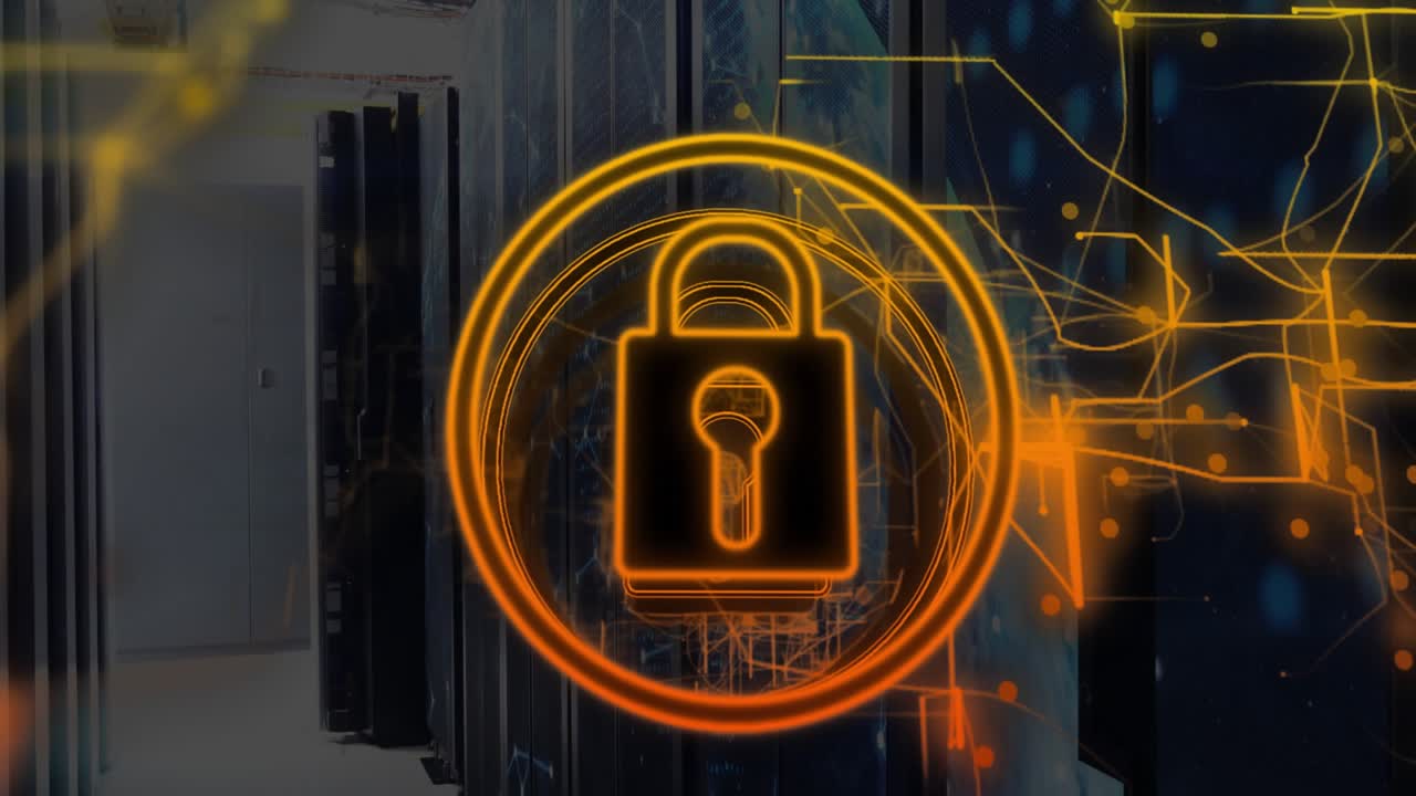 Opening server rack aisle initiating padlock brightening and rings rotating for secure encryption