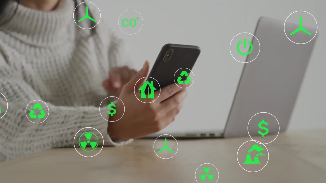 animación de icono en círculos, sección media de mujer caucásica usando teléfono celular y trabajando en portátil