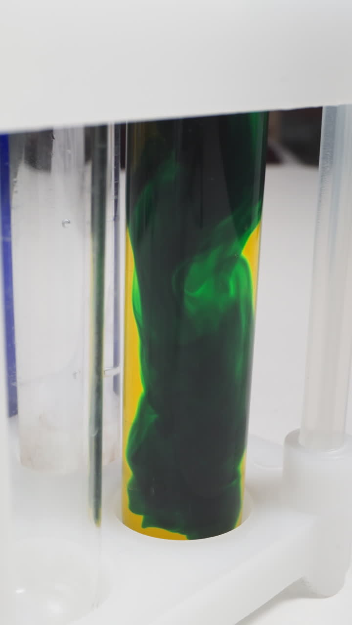 Mixing dark green and yellow paints in test tube on rack in school laboratory slow motion. Probe lens footage of chemistry class closeup