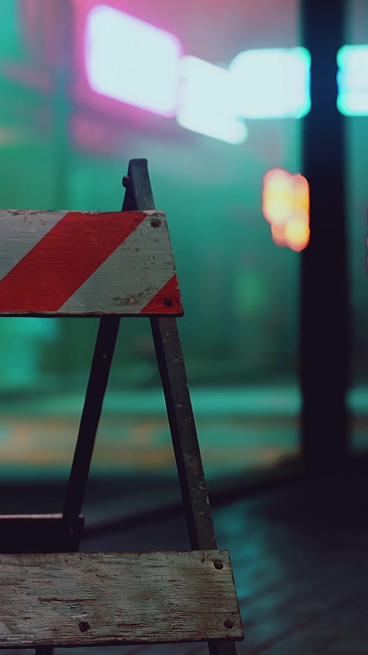 Traffic barrier in urban setting during nighttime with neon lights