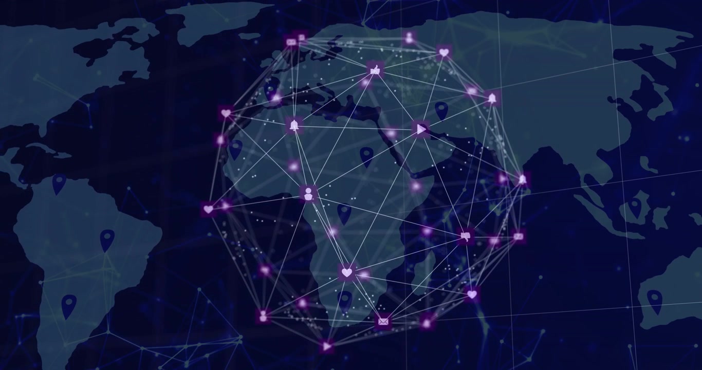 Rotating globe starting central pulse, neon nodes pulsing and linking, showing global network