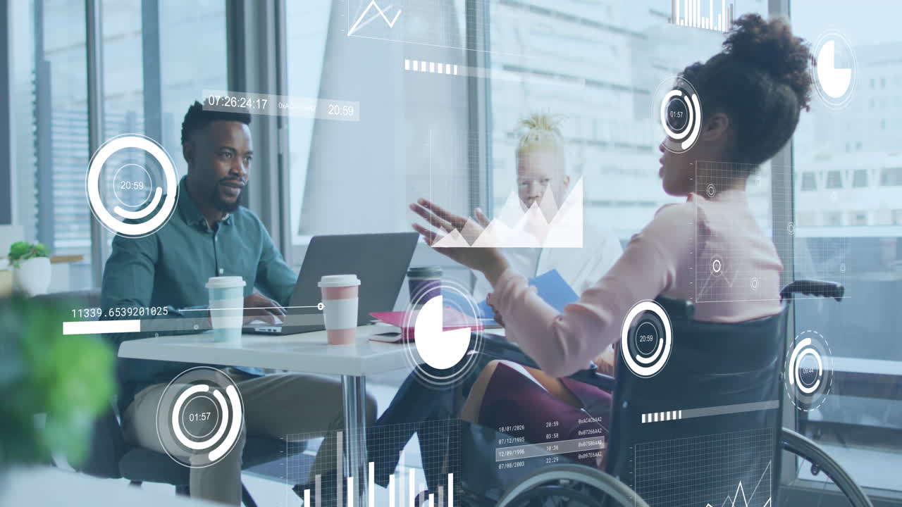 Animation of data processing over diverse business people in office