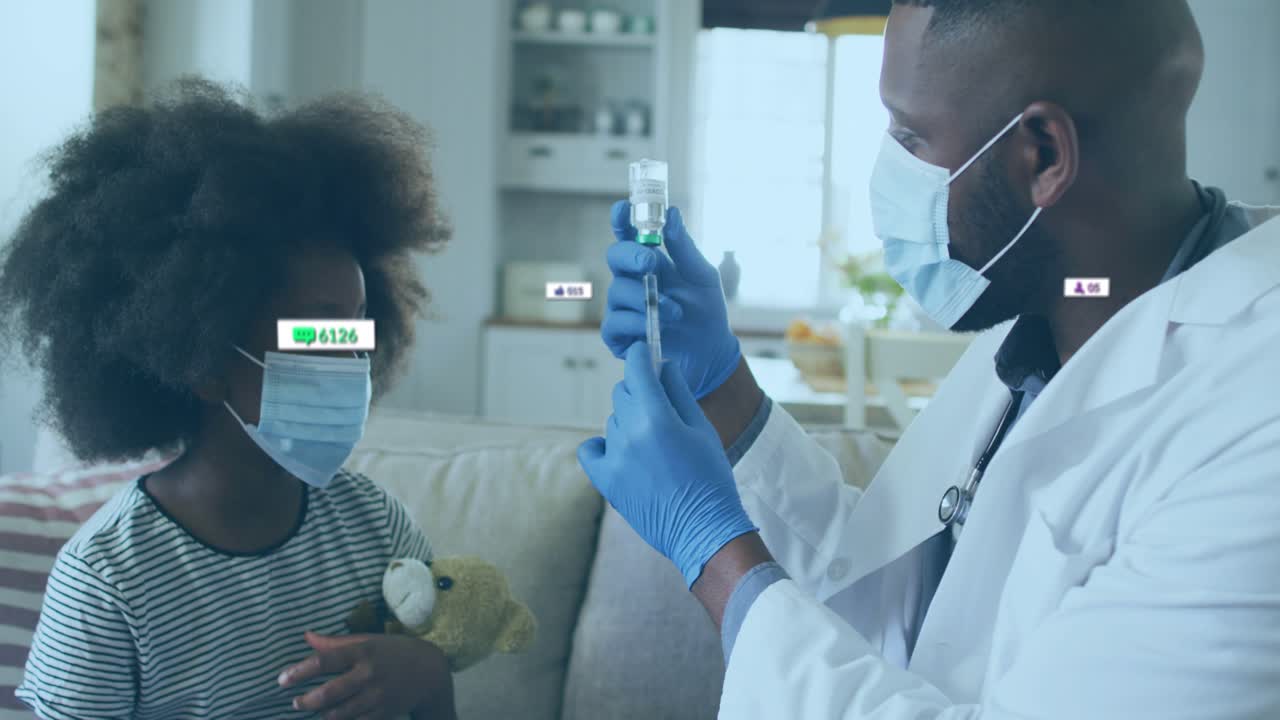 Male doctor drawing syringe, preparing injection for girl hugging teddy, alerts overlaying scene