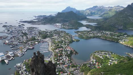 svolvaer rock climbing viewpoint in lofoten islands, norway - aerial 4k