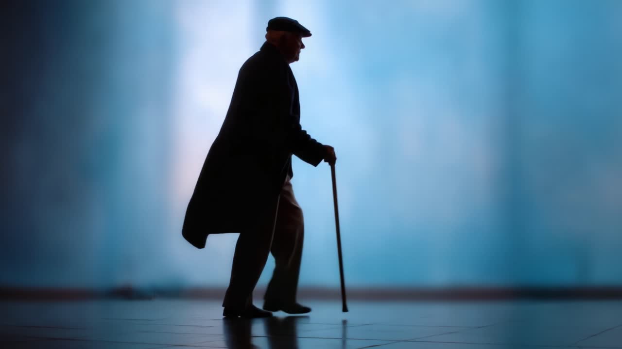 La figura solitaria di un uomo anziano con un lungo cappotto e un berretto, che cammina con un bastone su uno sfondo blu leggermente sfocato, a simboleggiare il tempo e la riflessione in solitudine