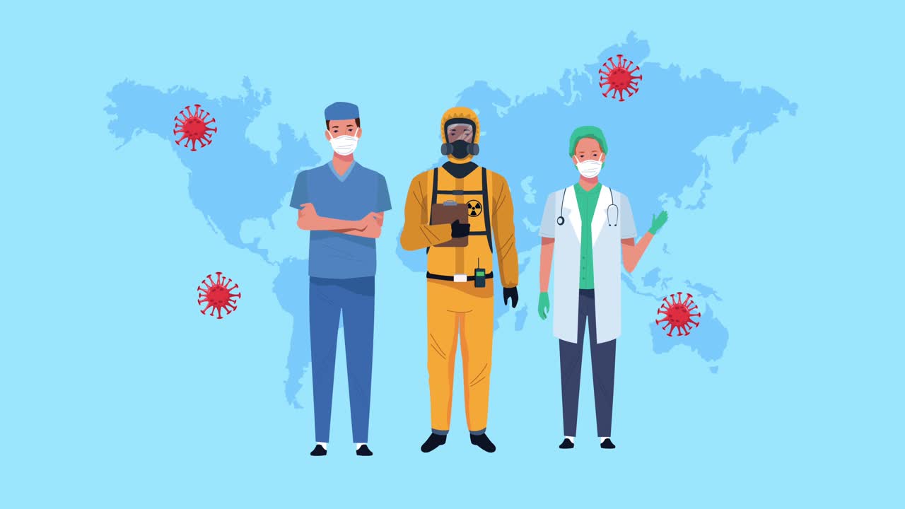medical staff wearing face mask in earth planet animation