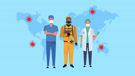 medical staff wearing face mask in earth planet animation