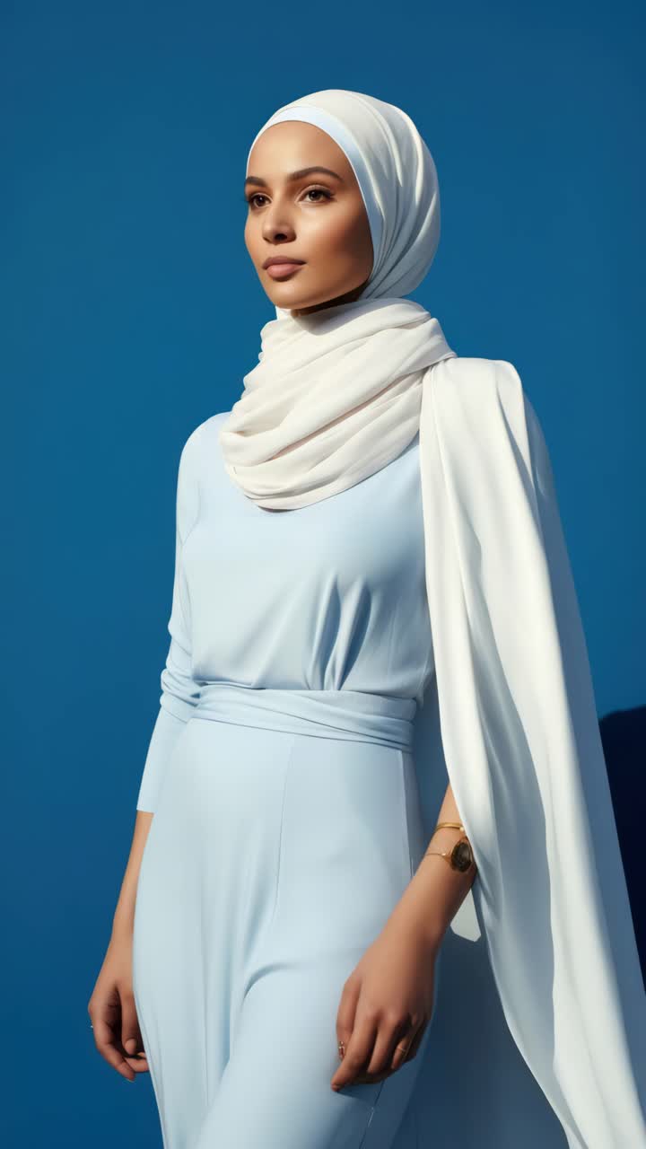 Potret elegan seorang wanita mengenakan pakaian biru muda dan hijab putih dengan latar belakang biru.