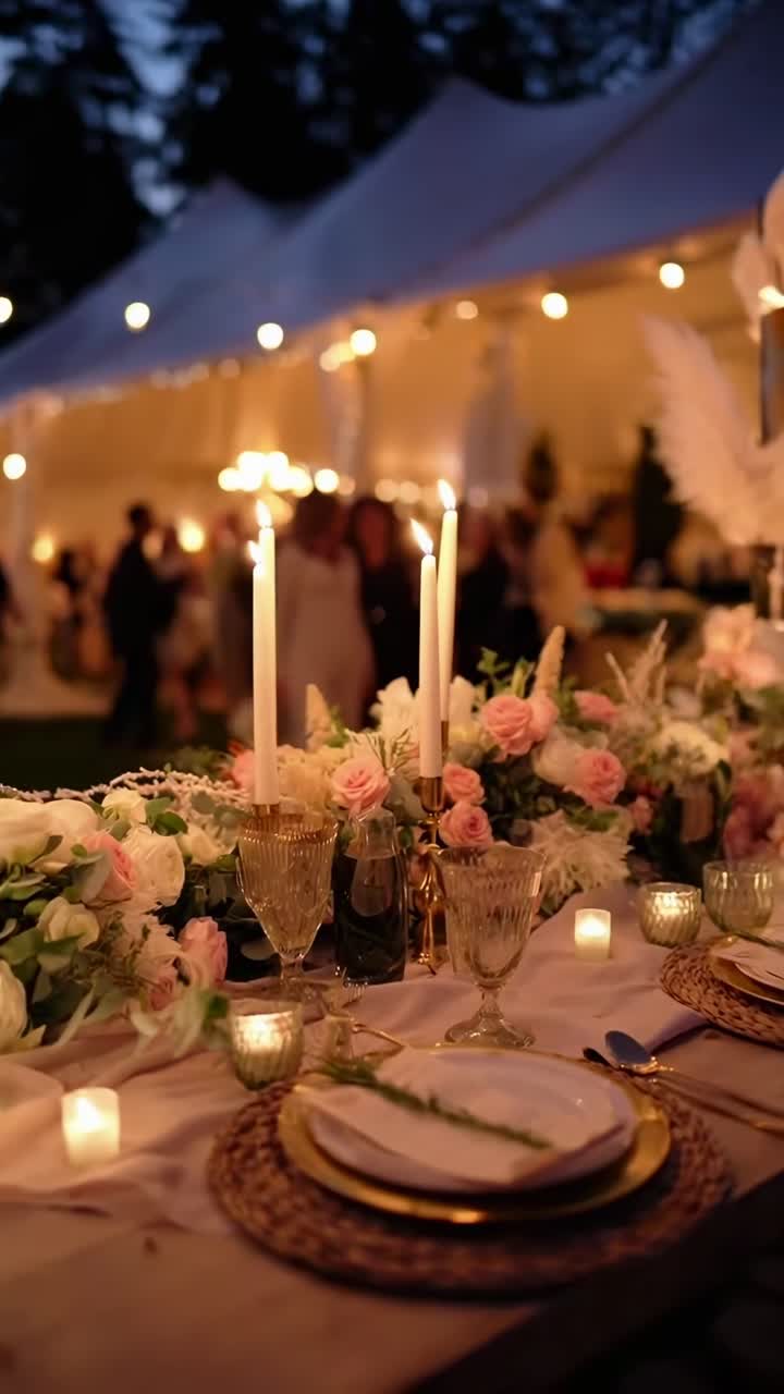 Allestimento romantico per matrimonio serale, vista tavolo con candele e fiori, perfetto per video