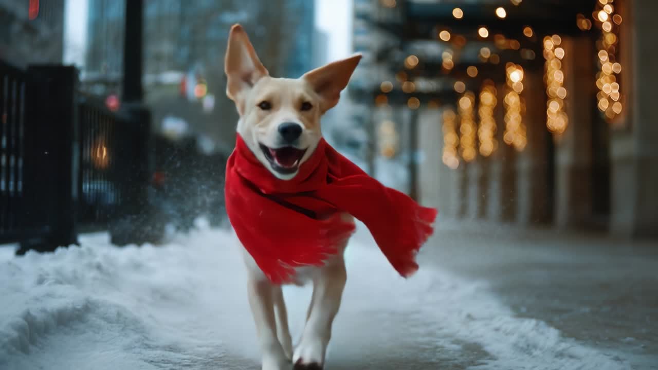 A joyful Labrador retriever happily runs through a snowy city street wearing a bright red scarf, capturing the essence of winter fun and playful energy amidst beautifully lit surroundings