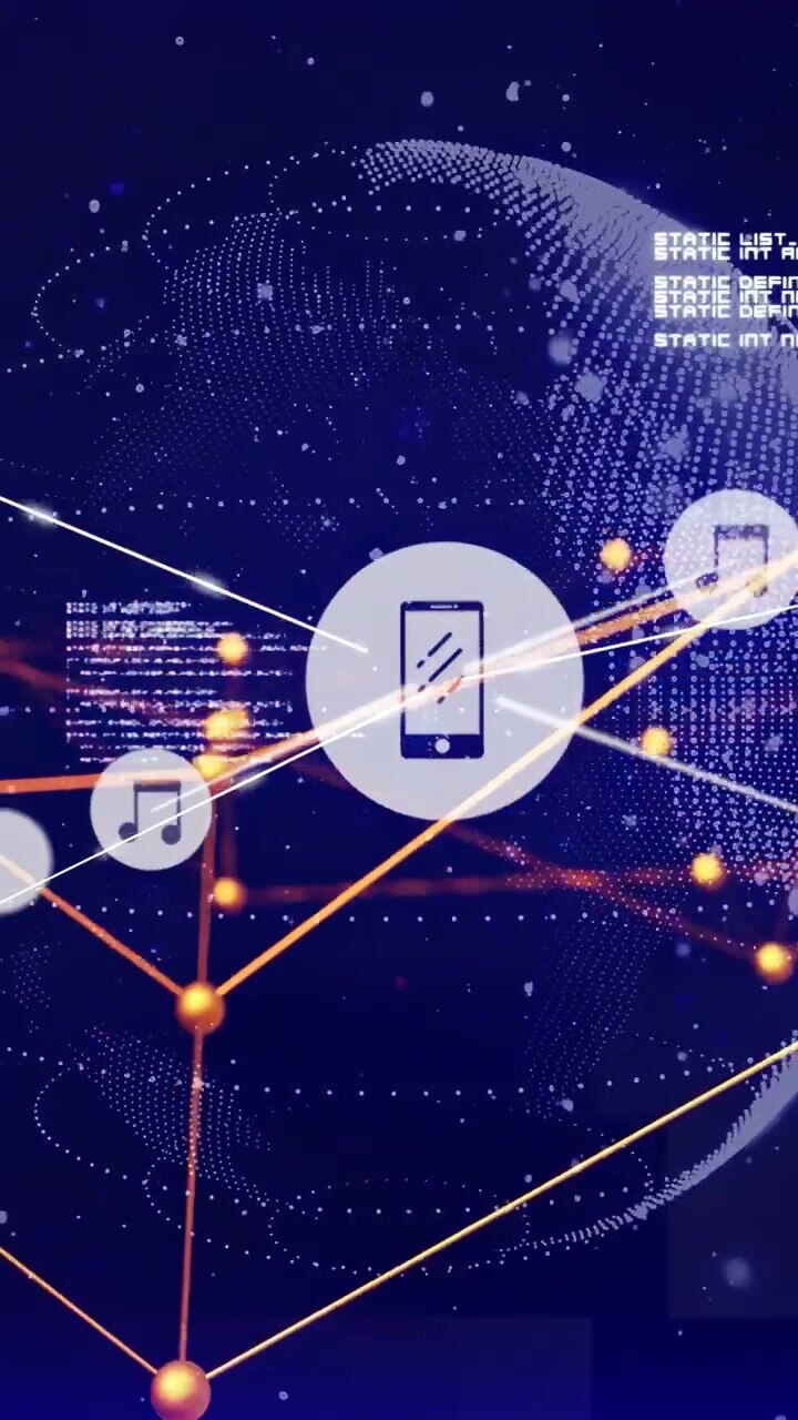 Video verticale: Icona di telefono tecnologico con globo a punti, nodi scintillanti e flussi pulsanti che scorrono mostrando la rete