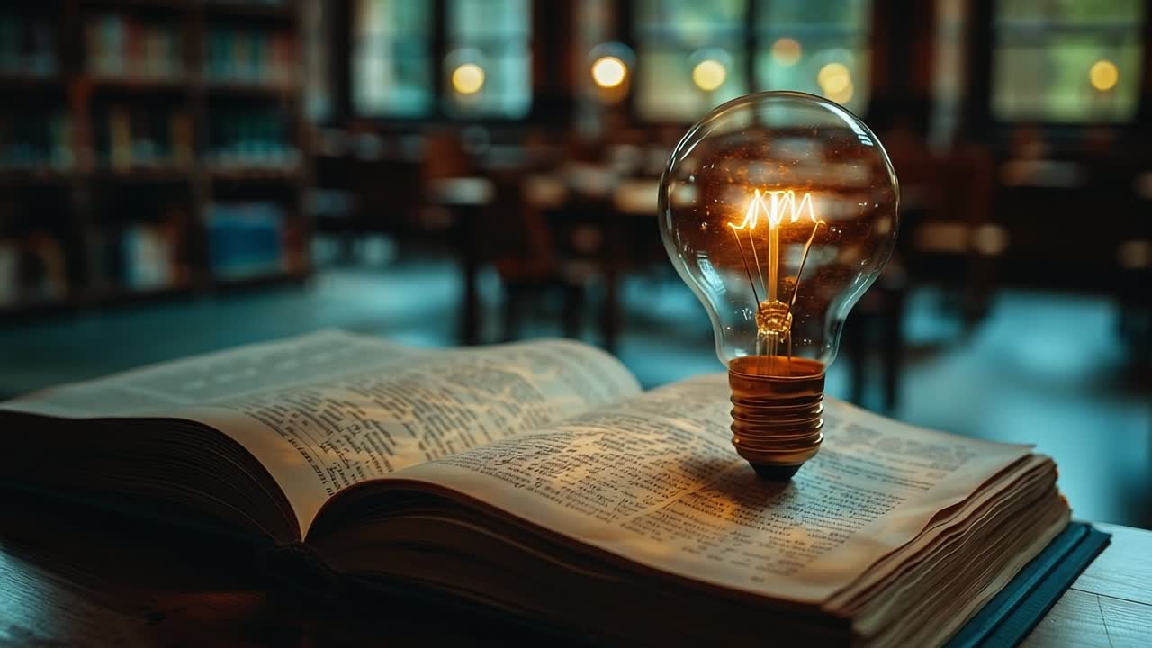 Light bulb illuminating an open book. A glass light bulb with glowing filament sits on an open book in a cozy library, providing a warm, inviting ambiance.