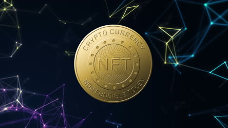 animazione del testo nft su moneta d'oro e rete di connessioni su sfondo scuro