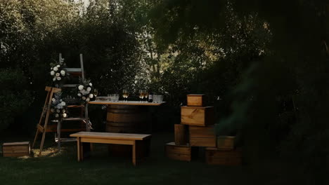 rustic garden event setup with floral decor