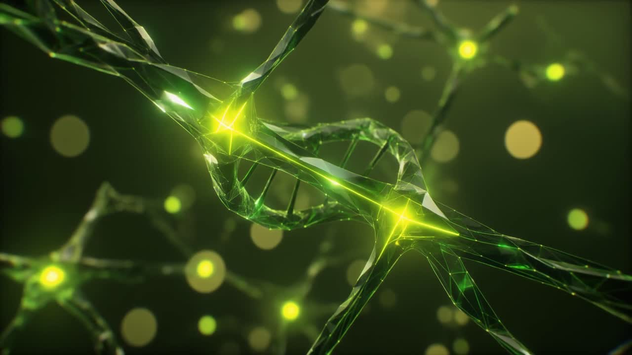 Abstrakti vihreä DNA-kaksoiskierre hehkuvilla valoilla